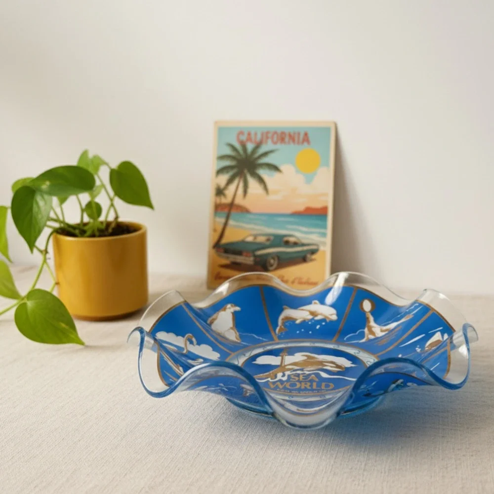Vintage MCM Sea World Souvenir Blue Glass Decorative Bowl / Dish | 1976 Shamu